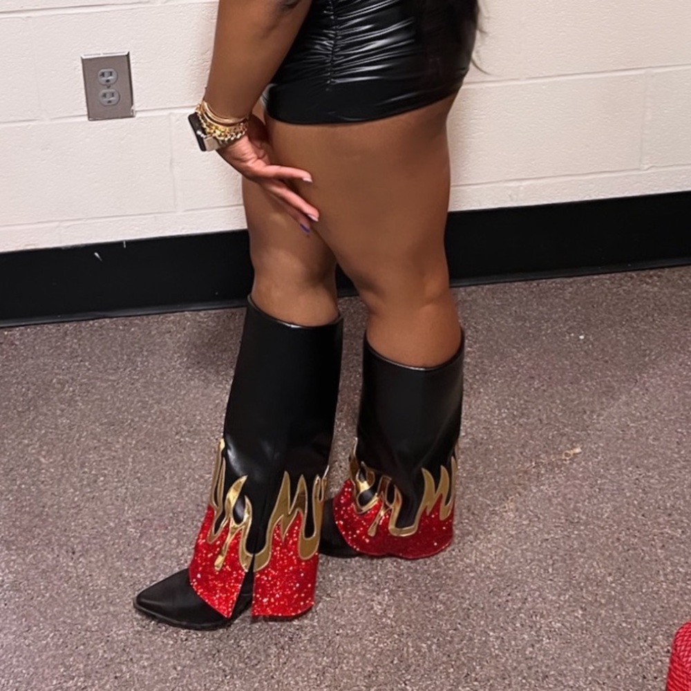 Women’s Black Boots with Red Glitter Flame Accent